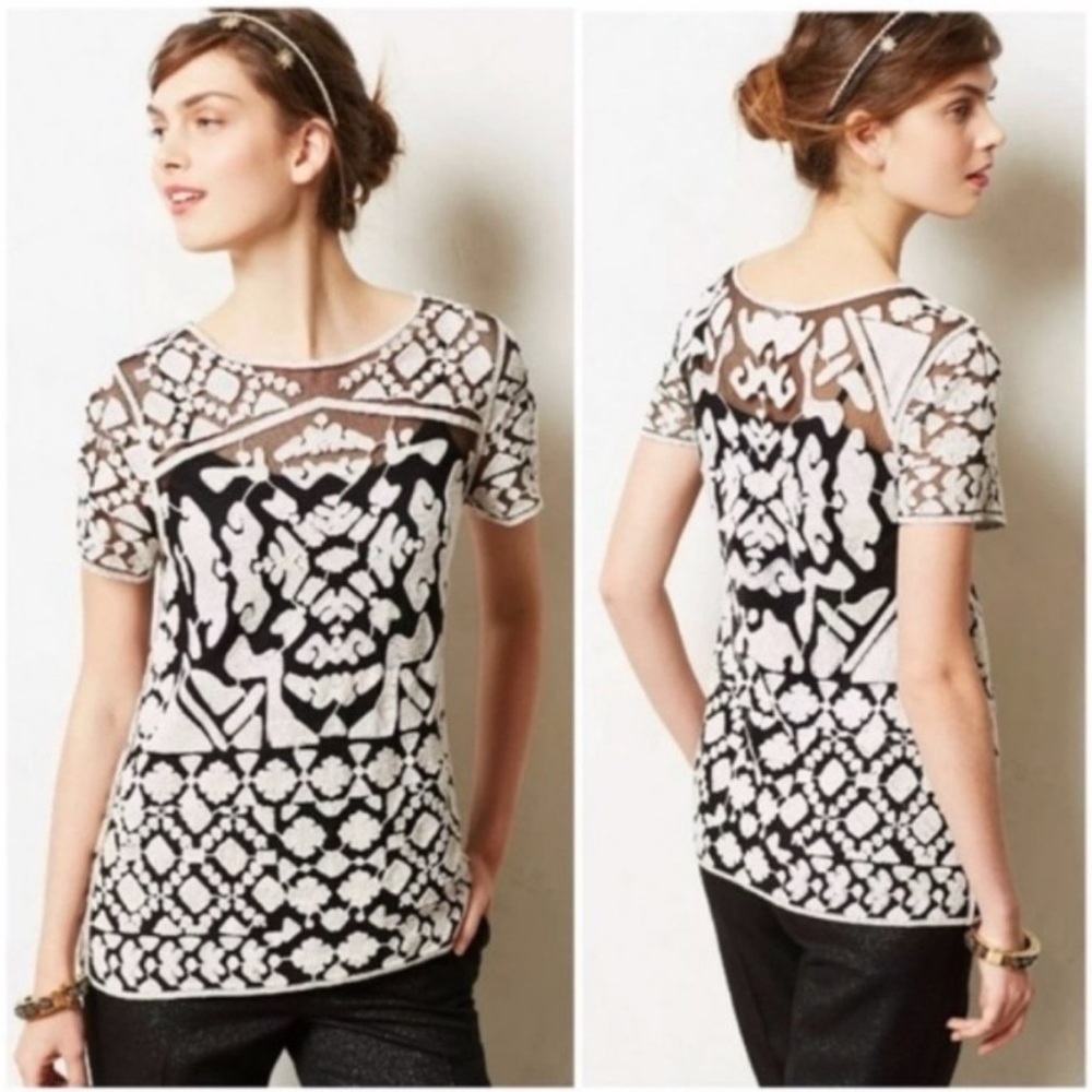 Anthropologie Rococo Tee Top Everleigh Size XS Embroidered Sheer Mesh